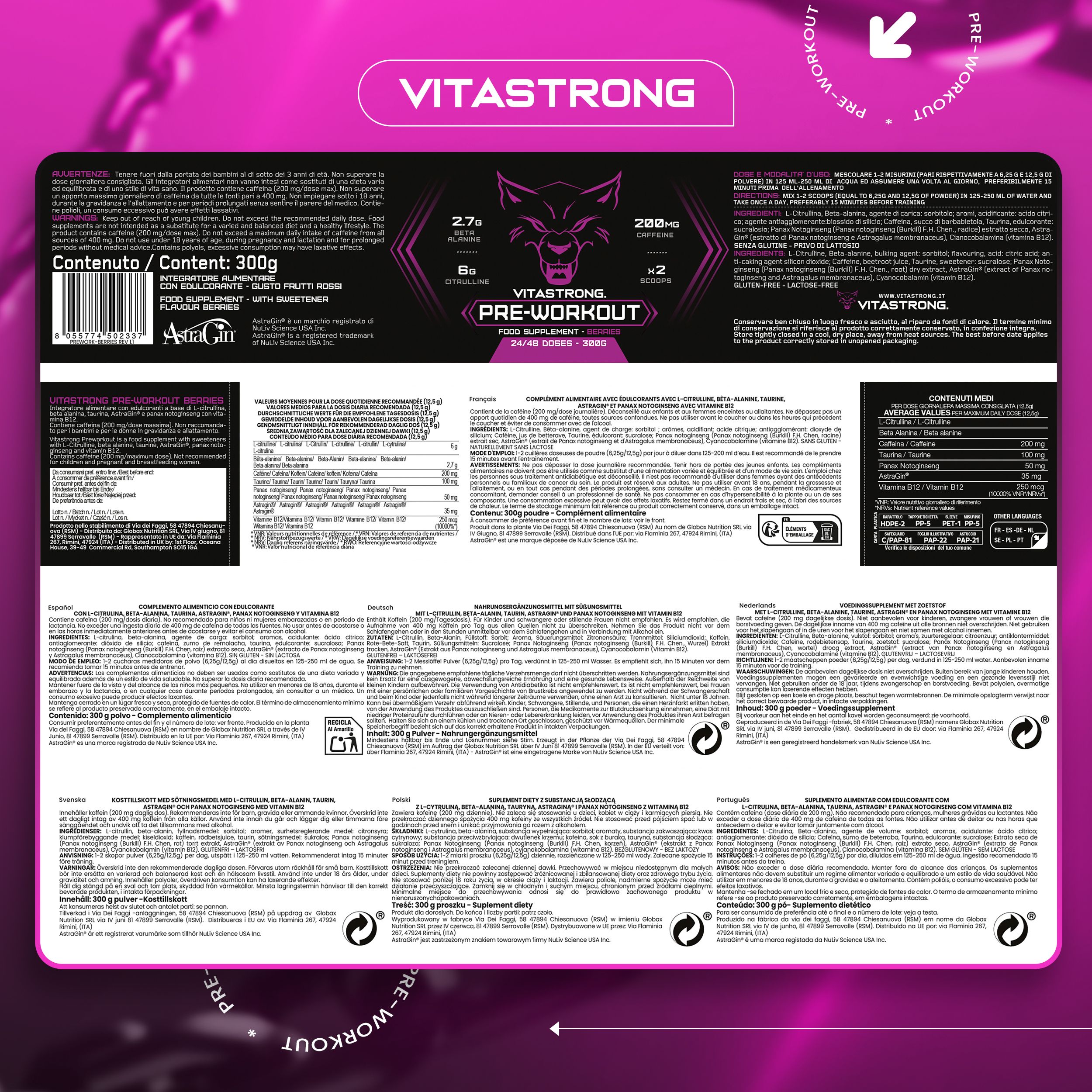 Verpackung "Vitastrong Pre-Workout". Enthält 300g. Mit Inhaltsangaben und Nährwertangaben.