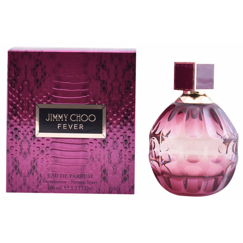 Jimmy Choo Fever Flakon und Verpackung. Rosa Glas, goldener Verschluss, rechteckiger Deckel. Schlangenmuster.
