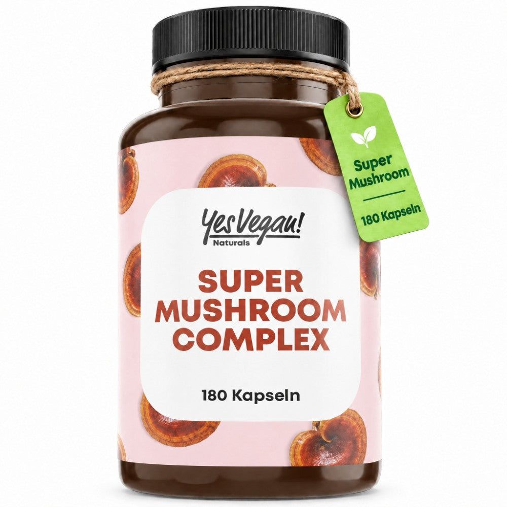Braune Flasche mit Yes Vegan! Naturals SUPER MUSHROOM COMPLEX 180 Kapseln.