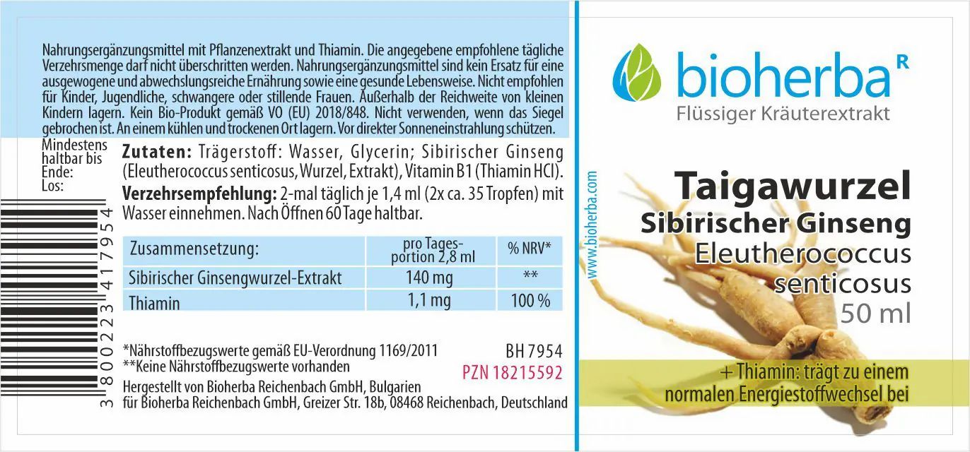 Braune Glasflasche mit schwarzem Deckel. Etikett mit Produktinformationen und Logo. Text: Taigawurzel Sibirischer Ginseng.