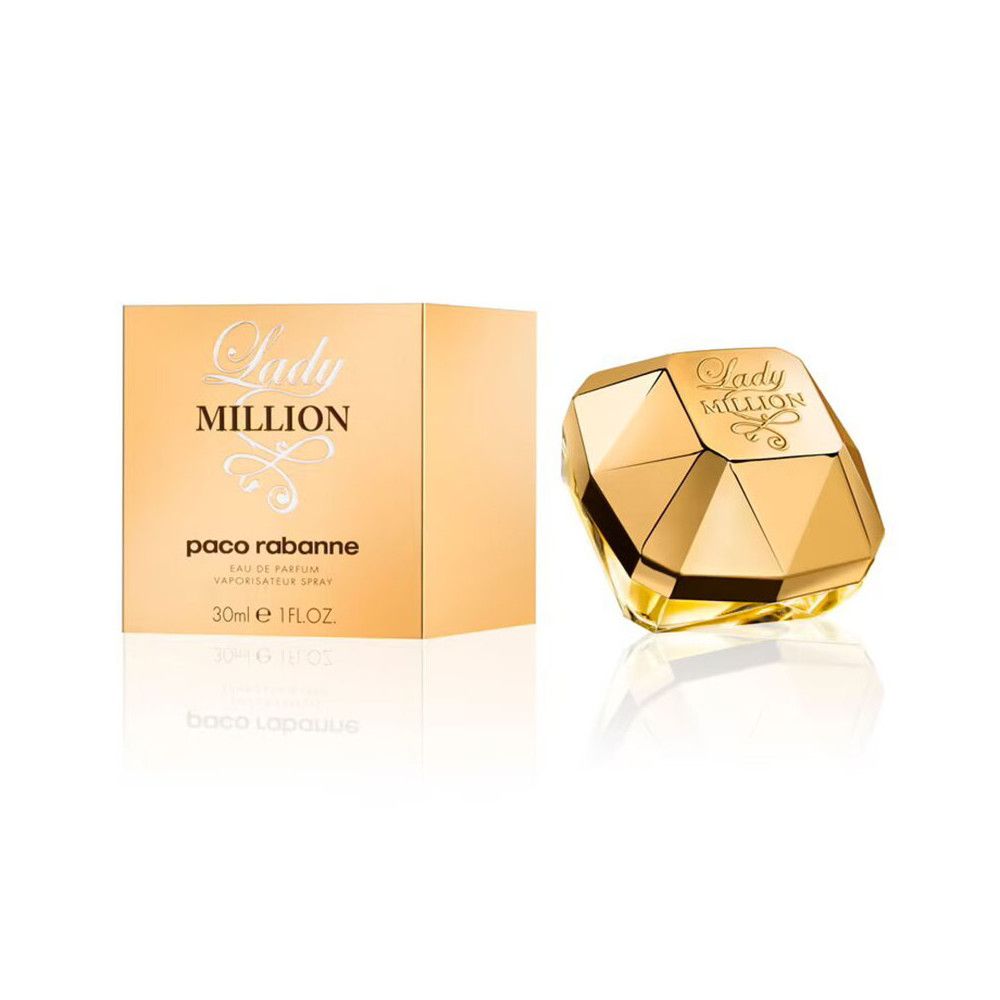 Goldfarbener Flakon und Karton. Aufschrift "Lady Million" und "paco rabanne". 30ml.
