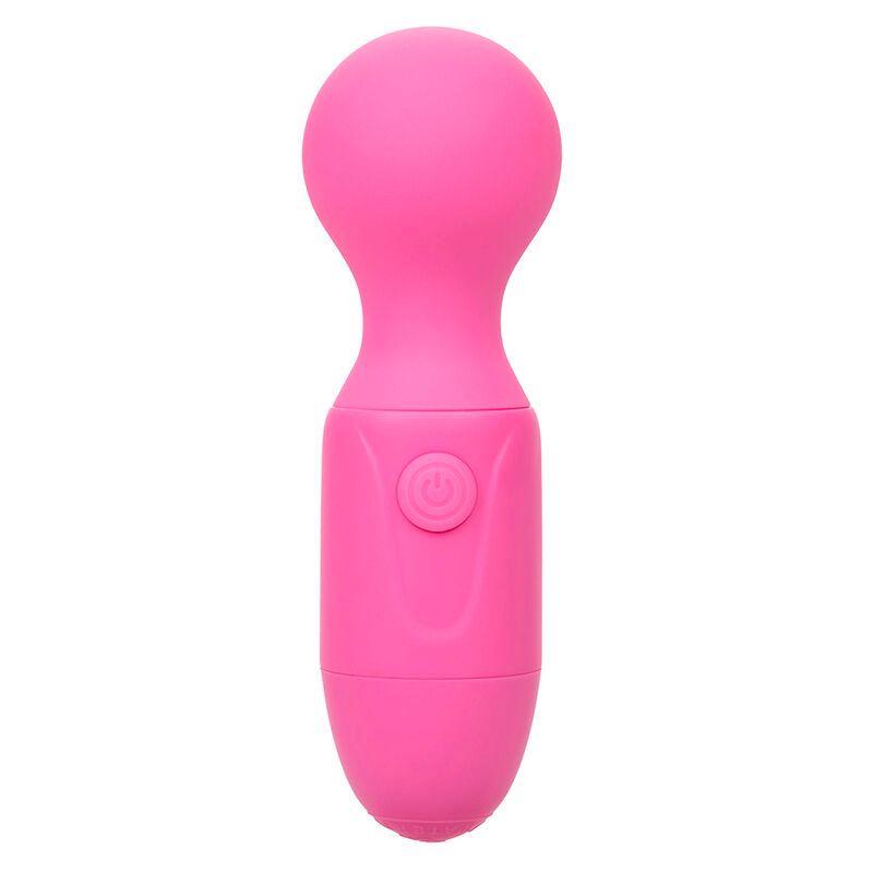 Pinkfarbener Vibrationsmassager mit rundem Kopf und Bedienknopf.