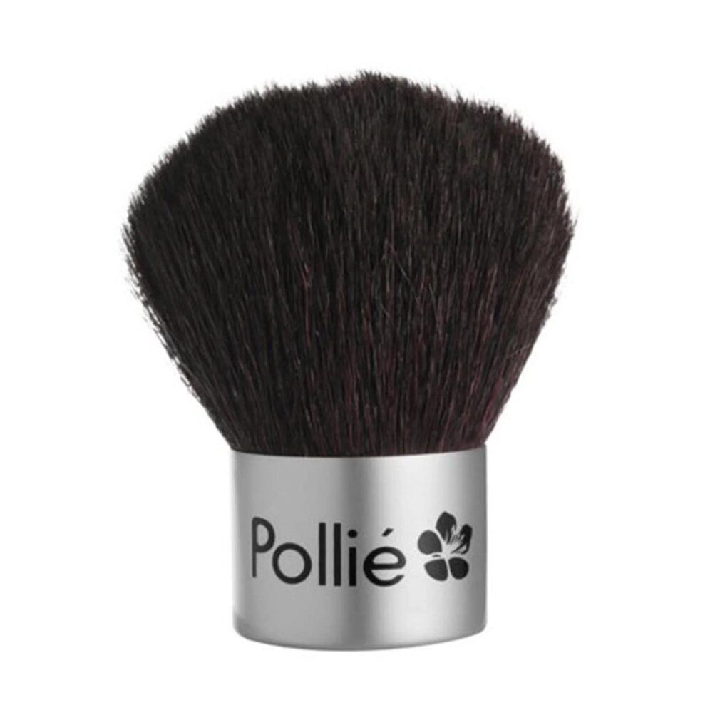 Make-Up Pinsel mit dunklen Borsten und silberfarbenem Griff. Auf dem Griff steht "Pollie" und ein Blumenlogo.