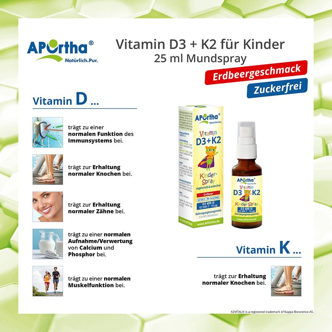 APOrtha® Vitamin D3 + K2 für Kinder Erdbeergeschmack vegetarisches
