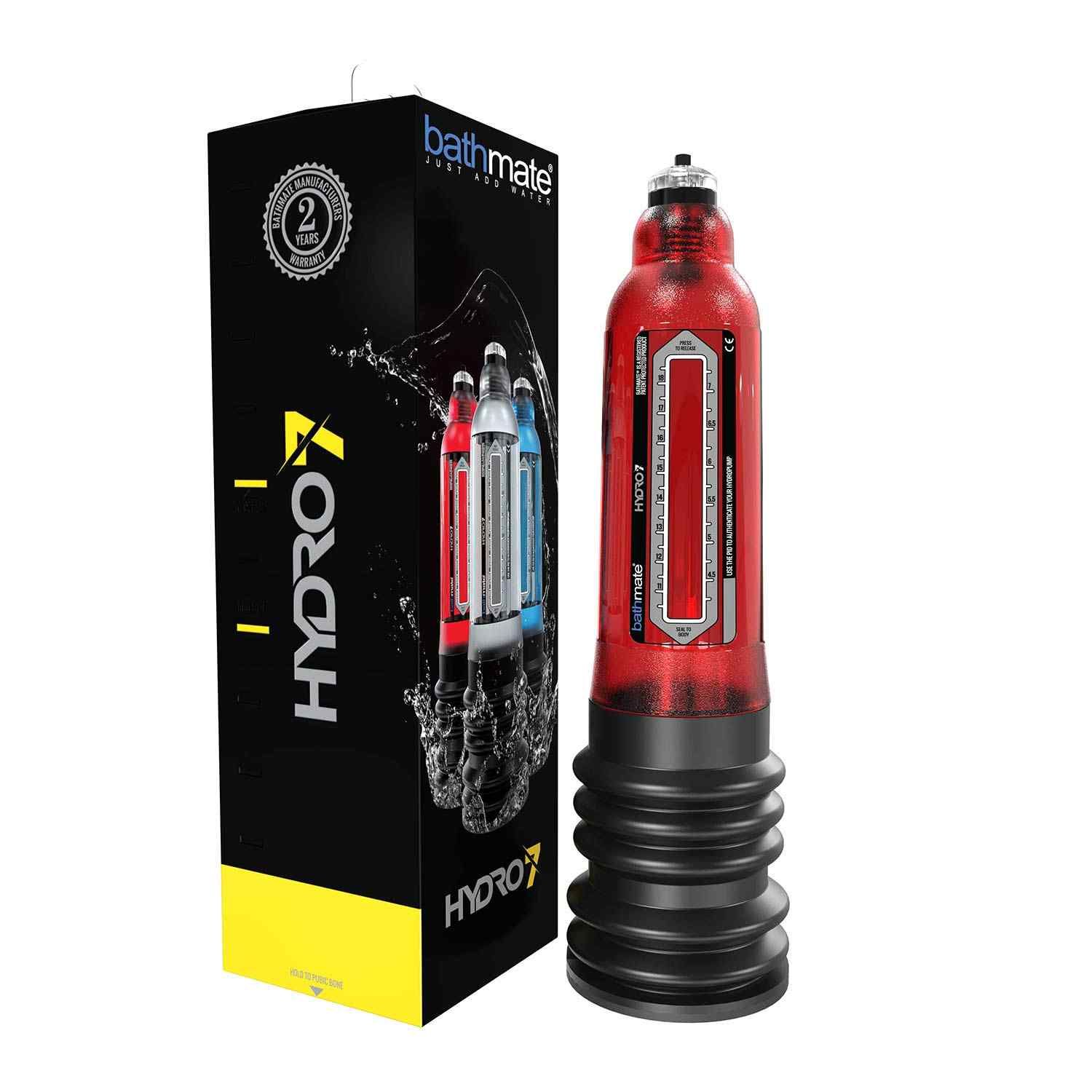 Penispumpe mit Verpackung. Schwarze Box mit Produktabbildung. Rote Penispumpe mit schwarzem Sockel.