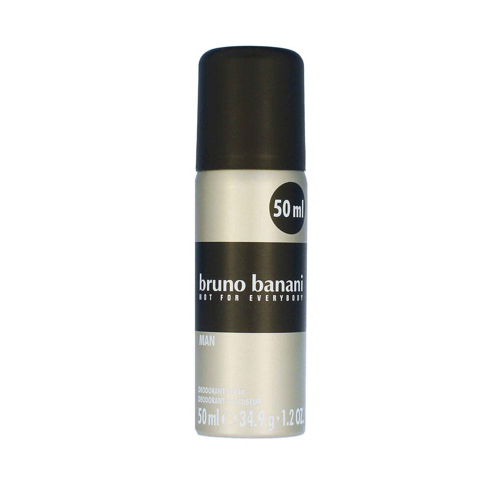 Deodorant-Spray von Bruno Banani. Zylindrische Dose mit schwarzem Deckel. Aufschrift: Bruno Banani, MAN. Volumen: 50 ml.