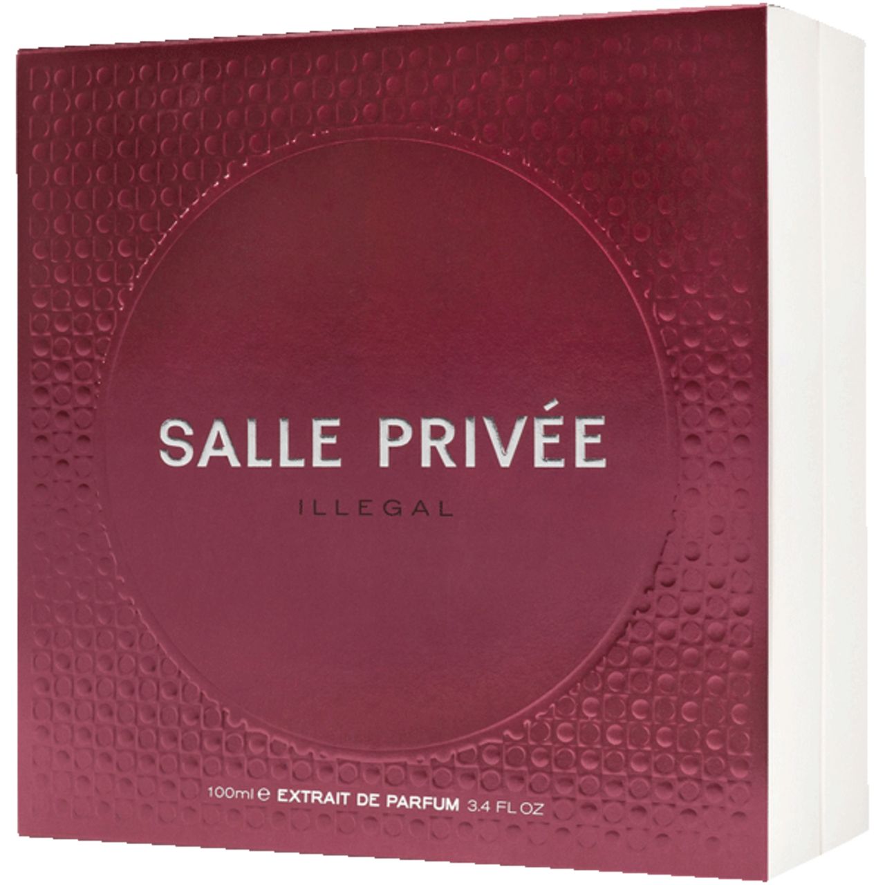 Quadratische Verpackung, rot mit weißem Rand. Aufschrift: SALLE PRIVÉE, ILLEGAL, Extrait de Parfum.