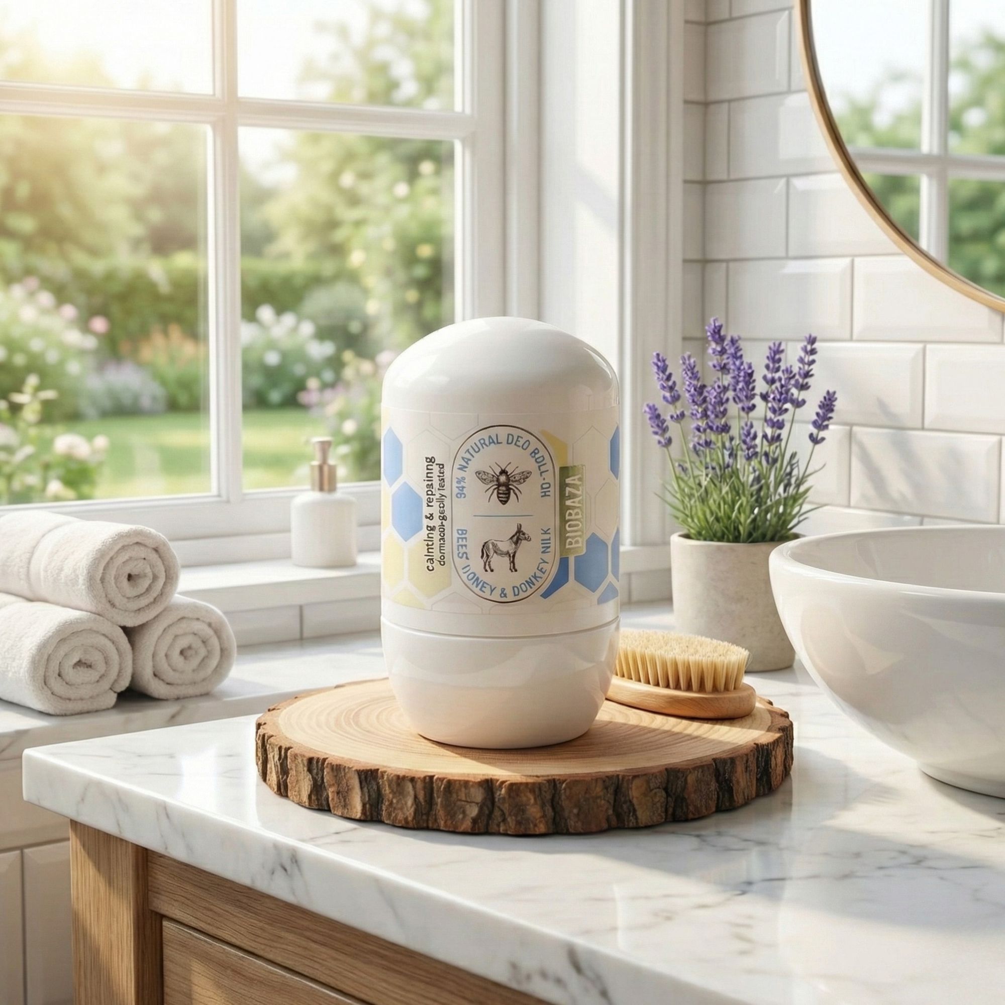 Weißer Deo Roll-on auf Holzscheibe. Aufschrift: Bees & Donkeys. Im Badezimmer, neben Handtüchern, Bürste und Lavendel.
