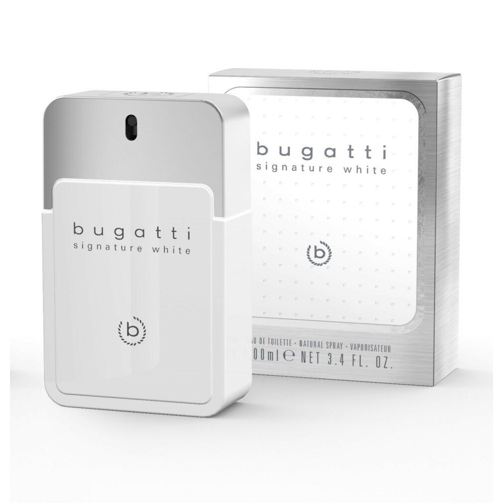 Weißer Flakon und Verpackung. Aufschrift: Bugatti Signature White. Logo: 'b' in einem Kreis. Eau de Toilette.
