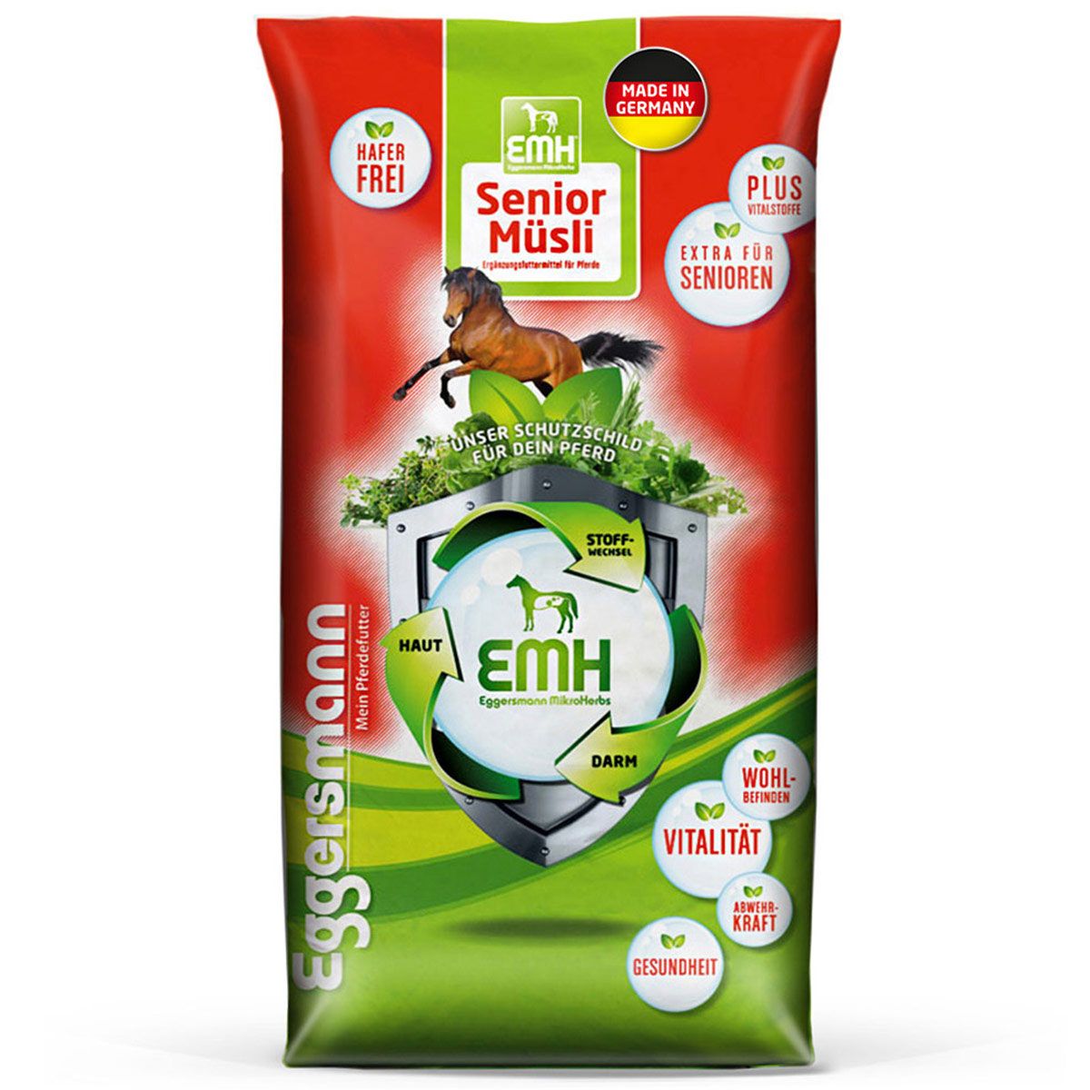 Verpackung von EGGERSMANN EMH Senior Müsli. Roter Beutel mit Produktname, Pferd-Illustration und Logos. "Made in Germany".