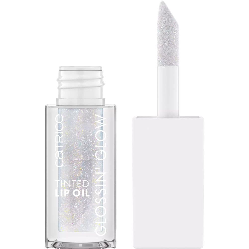 Getöntes Lippenöl mit Applikator, Flasche und Deckel sind weiß.