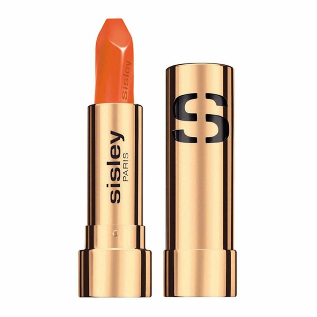 Goldfarbener Lippenstift mit geöffneter Hülse. Der Lippenstift ist orange. Auf dem Lippenstift steht Sisley. Auf der Hülse steht ein großes S.