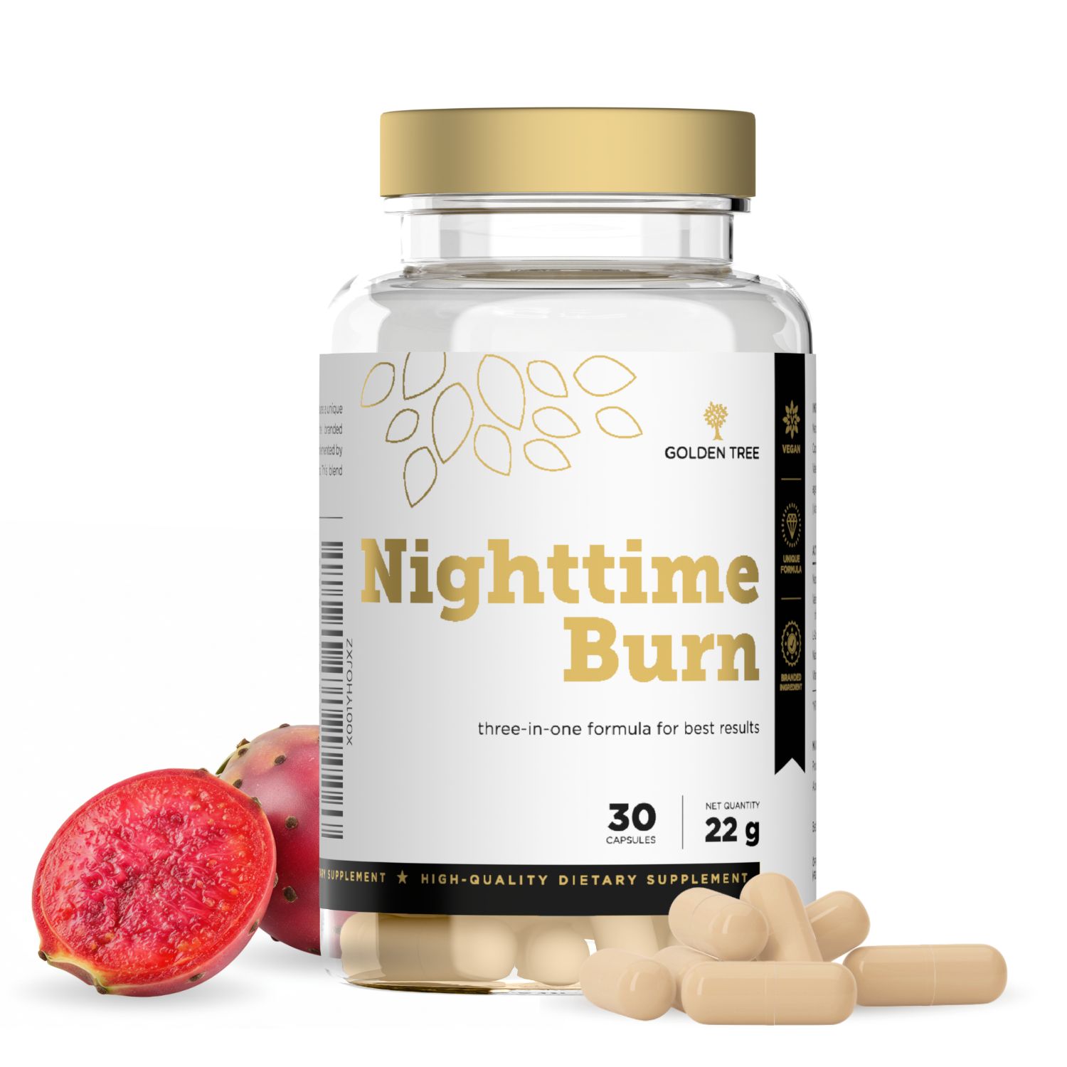 Goldene Golden Tree Nighttime Burn Kapsel-Flasche mit Feigenkaktus und Kapseln.