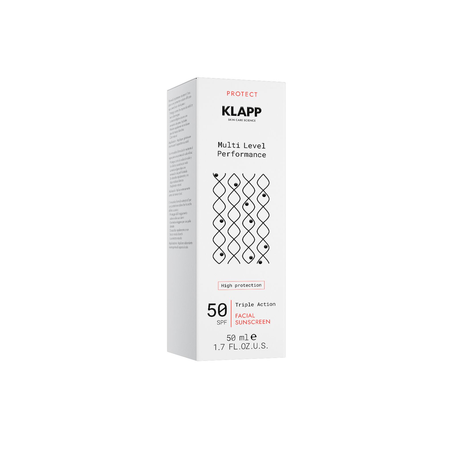 Weißer Karton mit Produktinformationen. Klapp-Logo, SPF 50, Triple Action Facial Sunscreen.