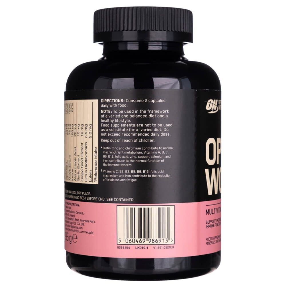Rückseite der Optimum Nutrition Opti-Women Multivitamin-Flasche mit Barcode und Produktinformationen.