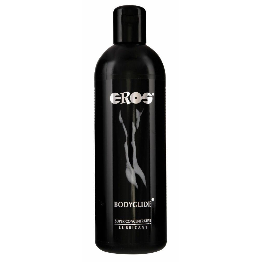 Schwarze Flasche mit weißem Logo und Schriftzug. Aufschrift: EROS, BODYGLIDE, SUPER CONCENTRATE LUBRICANT. Abgebildet ist eine weibliche Silhouette.