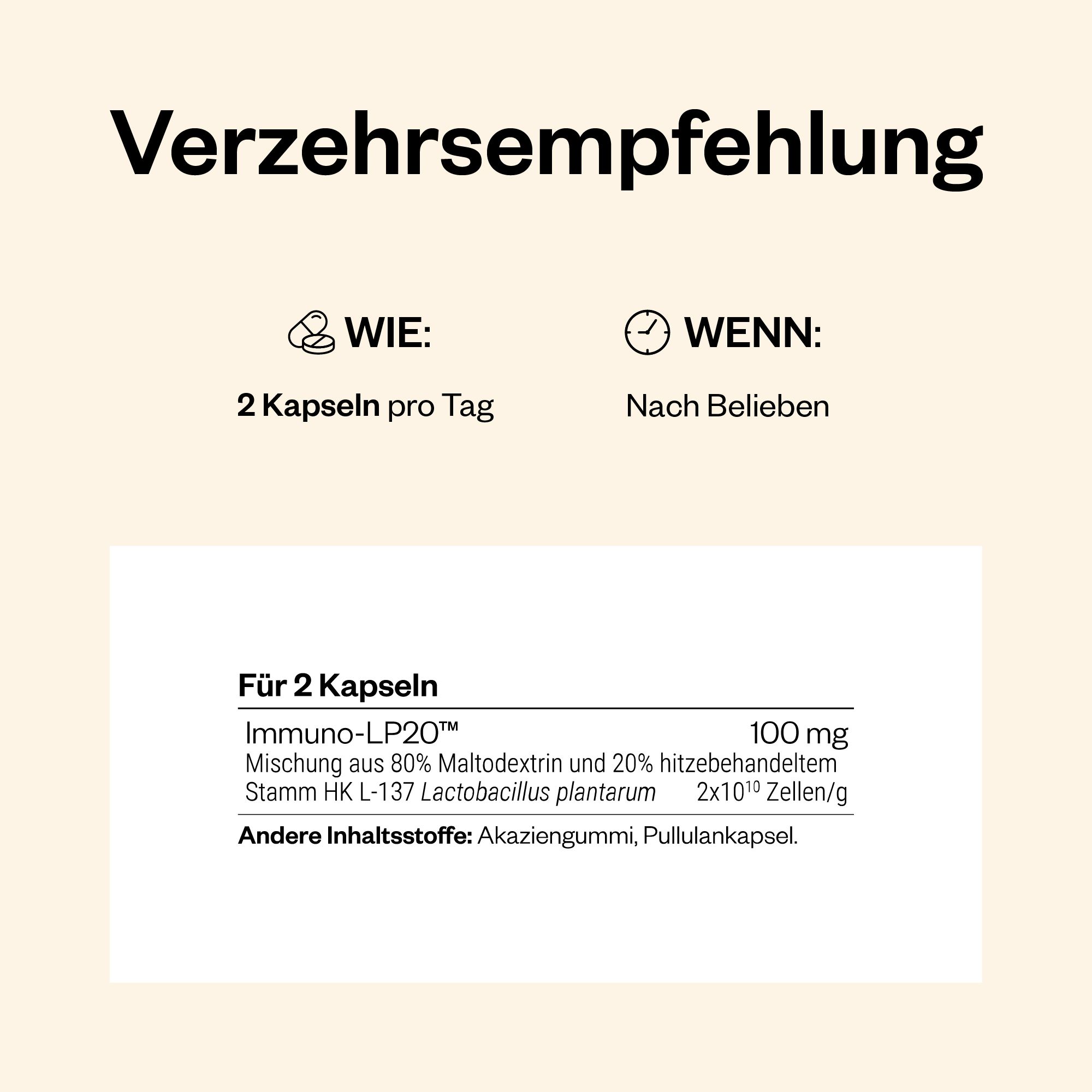 Text auf beigem Hintergrund. Informationen zur Dosierung und Inhaltsstoffen für 2 Kapseln. Enthält Immuno-LP20.