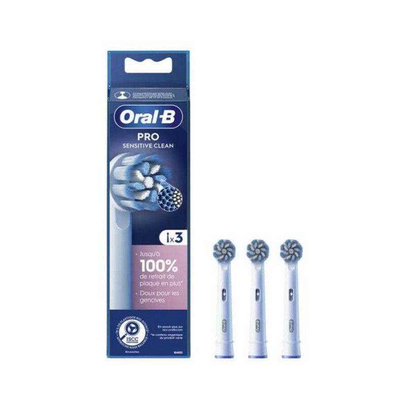 Oral-B Pro Sensitive Clean Aufsteckbürsten. 3 weiße Bürstenköpfe und Verpackung. 1x3. Für empfindliche Zähne.