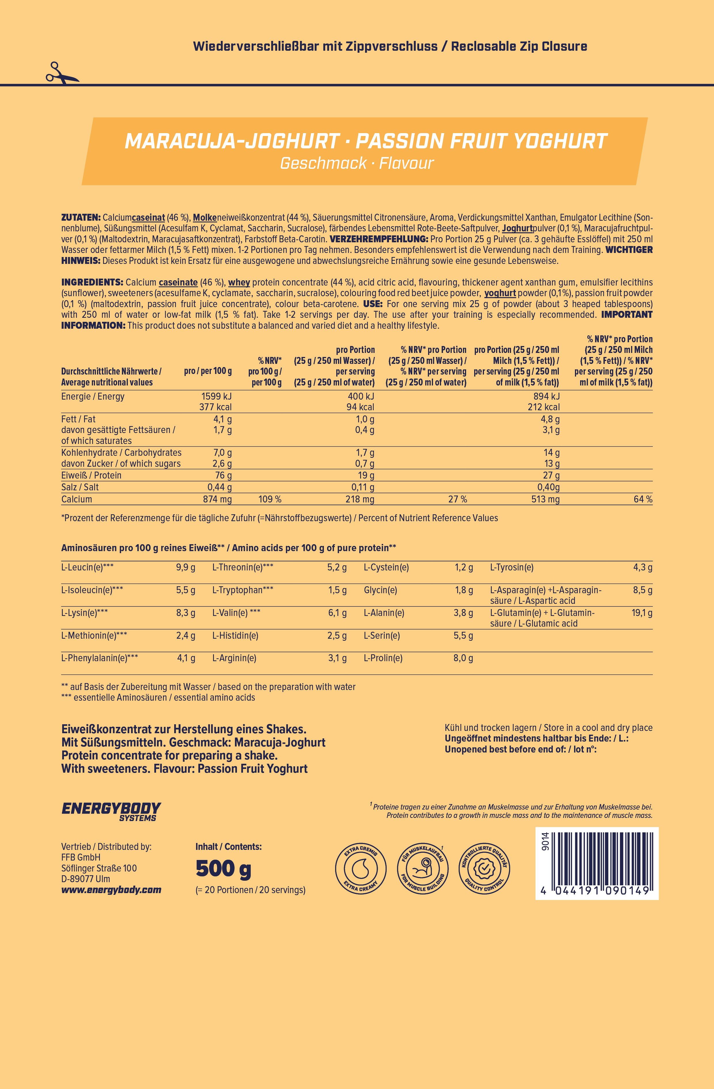 Rückseite der Mega Protein-Verpackung. Maracuja-Joghurt-Geschmack. Nährwertangaben und Aminosäuren. 500g.