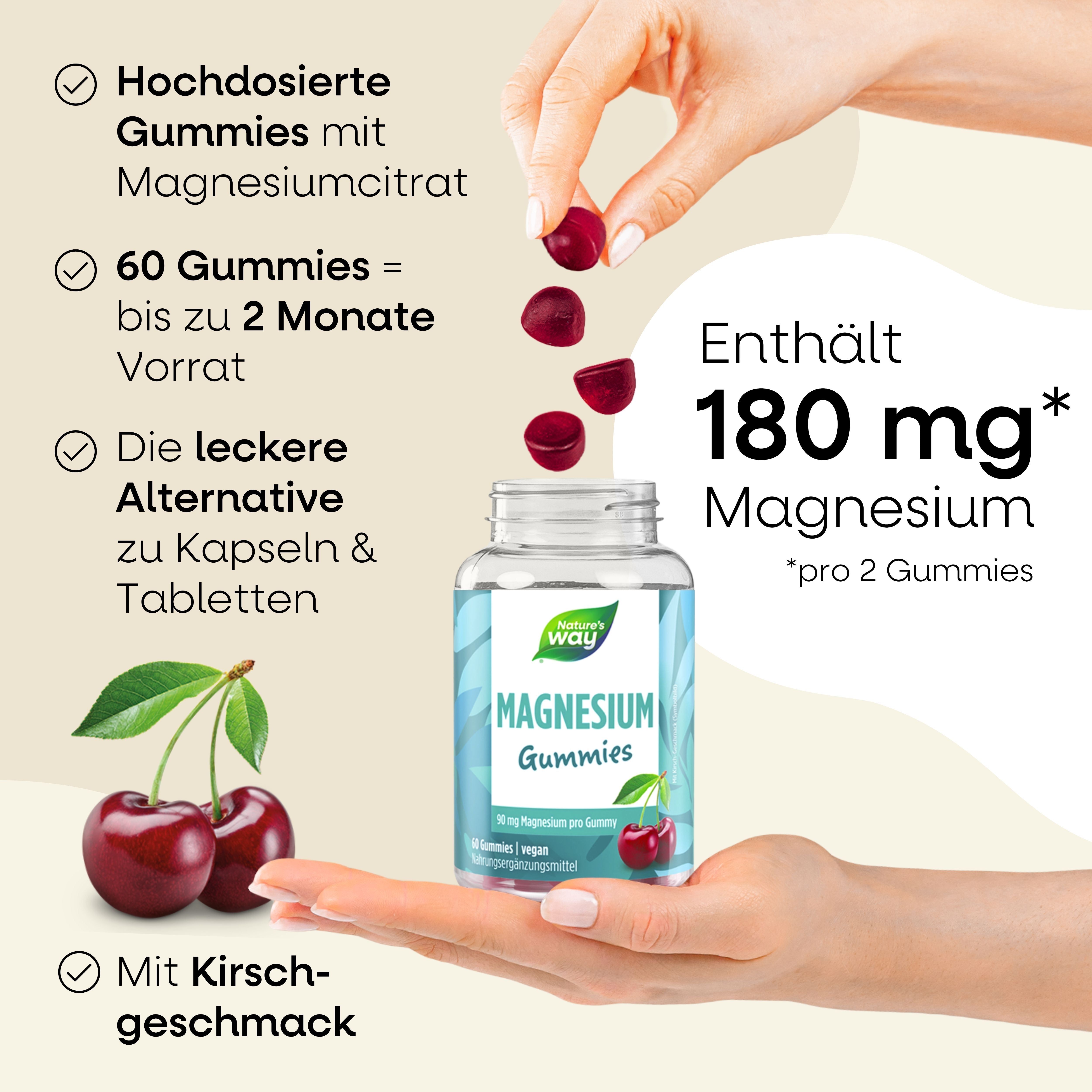 Magnesium Gummibärchen für Erwachsene & Kinder I 180 mg Magnesiumcitrat I Kirsch-Geschmack I vega...