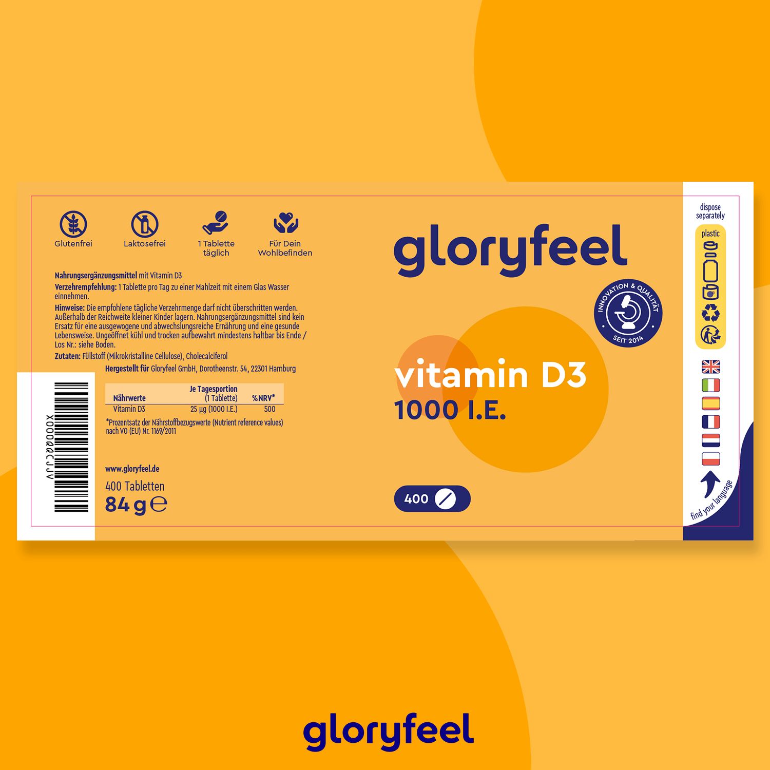 Gelbe Verpackung mit Aufschrift: gloryfeel Vitamin D3 1000 I.E. 400 Tabletten. Logos und Informationen.