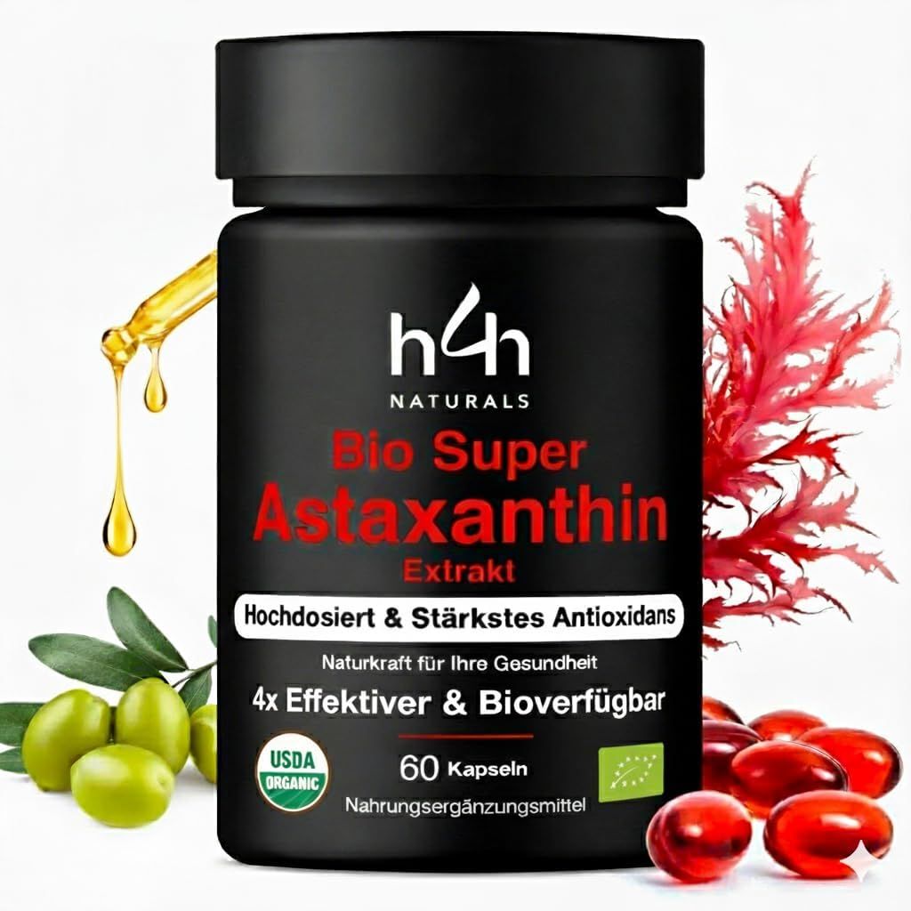 Schwarze Dose mit H4H Naturals Bio Super Astaxanthin Extrakt. 60 Kapseln. Rote Kapseln, Oliven, Algen.