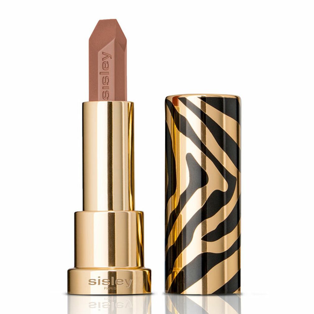 Lippenstift mit goldfarbenem Gehäuse und Zebra-Muster. Der Lippenstift ist geöffnet und zeigt eine braune Spitze. Sisley-Logo sichtbar.