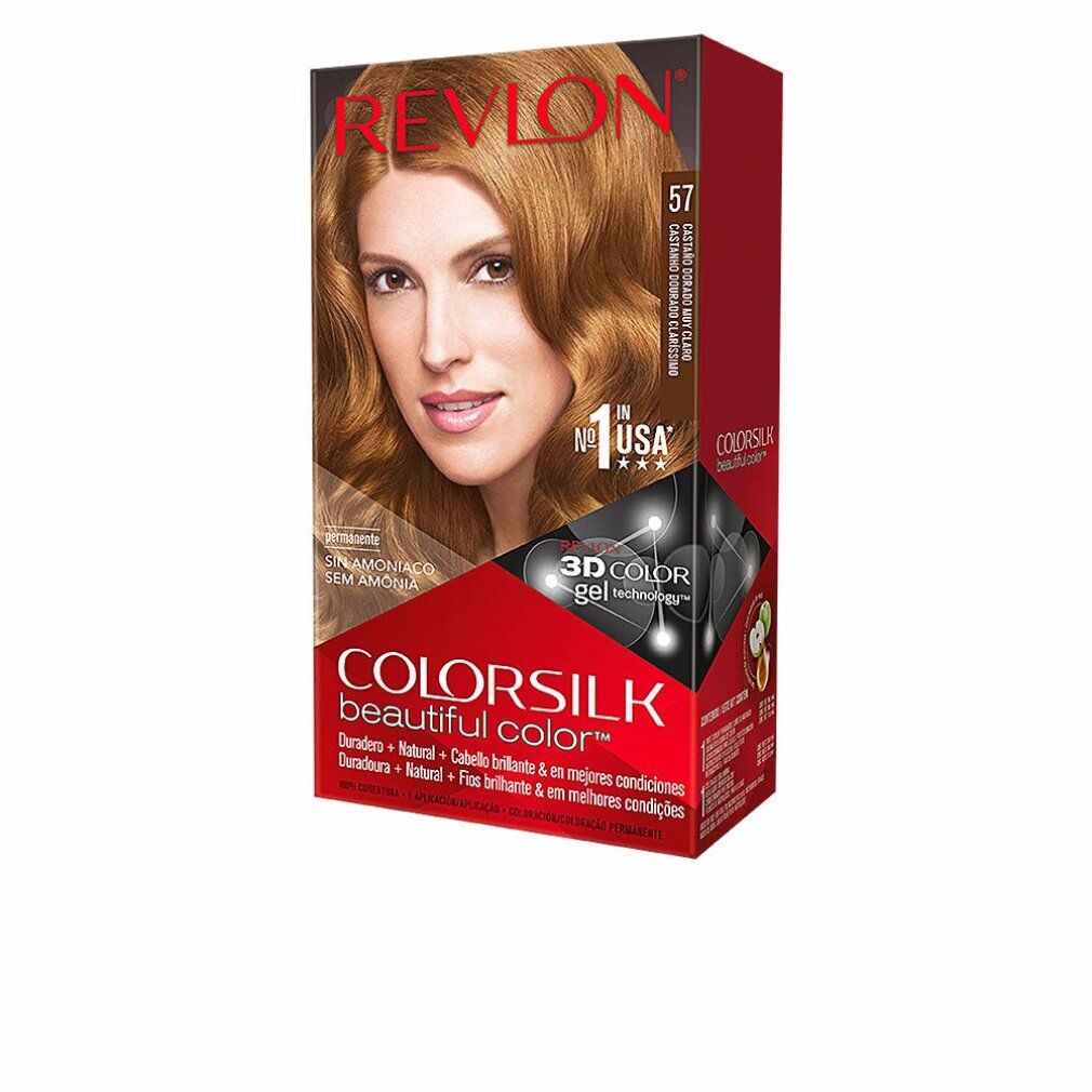 Revlon Colorsilk Haarfärbemittel-Verpackung, Farbton 57 Lightest Golden Brown. Frau mit goldbraunem Haar abgebildet. Text: ohne Ammoniak, 3D Color Gel Technologie.