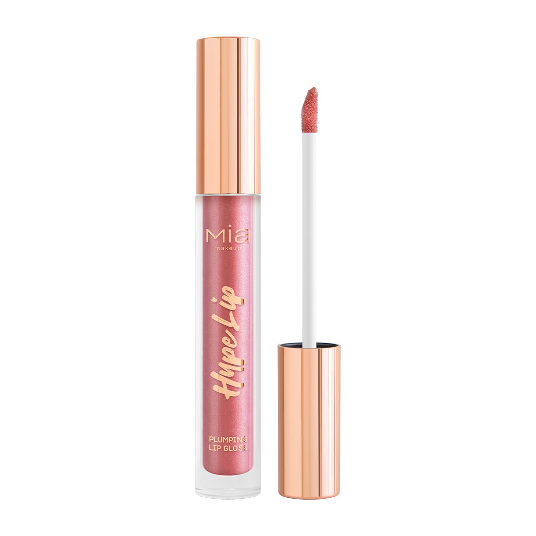 Mia Make-up Hype Lip gloss volumizzante. Il lucidalabbra è contenuto in un flacone trasparente rettangolare con tappo dorato. L'applicatore è bianco. Il lucidalabbra è rosa e ha un effetto lucido.