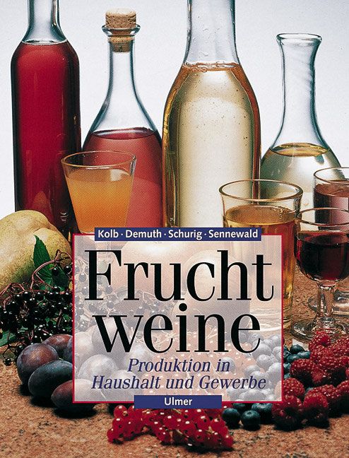 Buchcover mit Titel "Fruchtweine". Flaschen und Gläser mit Flüssigkeiten, Früchte im Hintergrund.