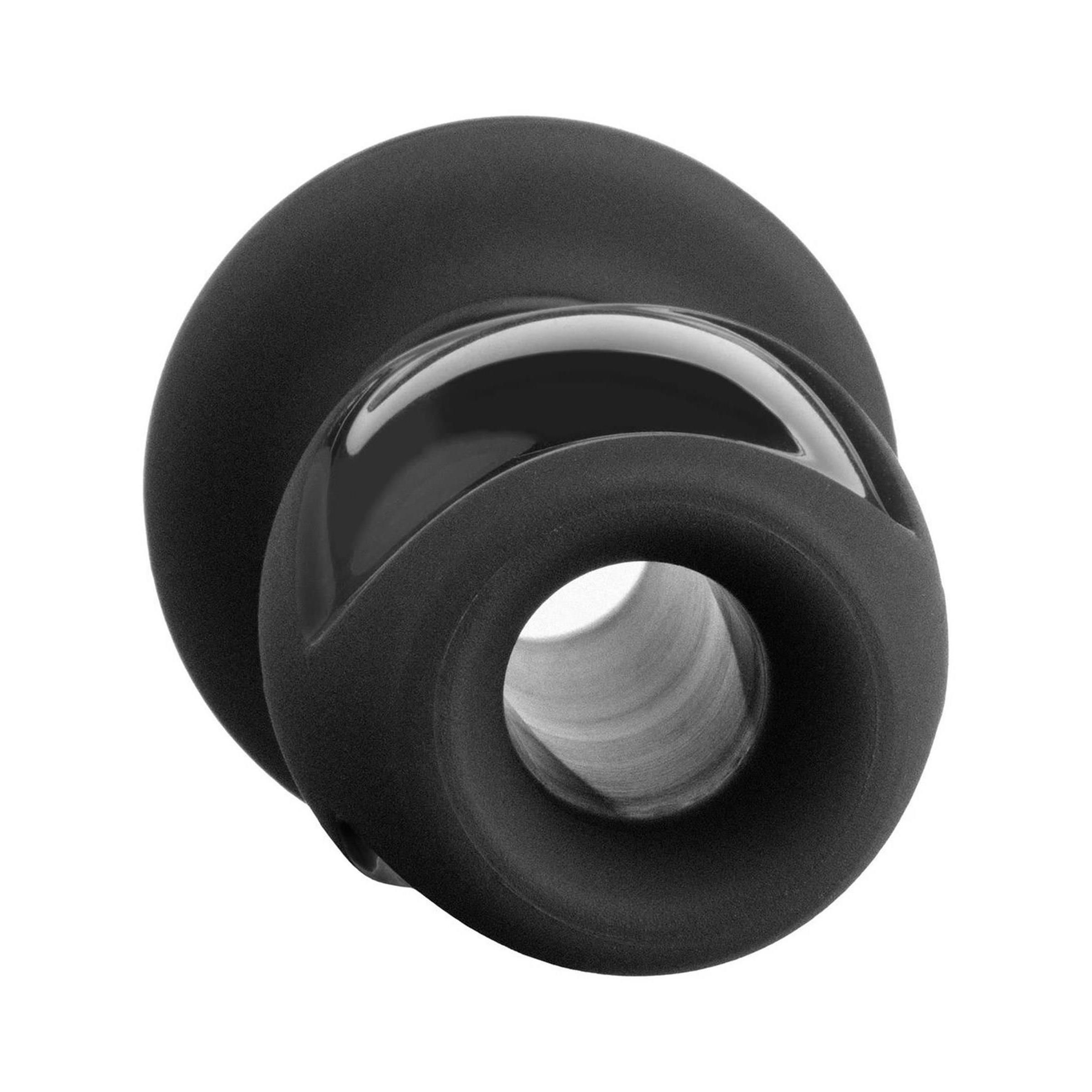 Schwarzer Butt Plug mit offenem Tunnel. Runde Basis, zylindrischer Tunnel. Sichtbare Öffnung. Aus Silikon.