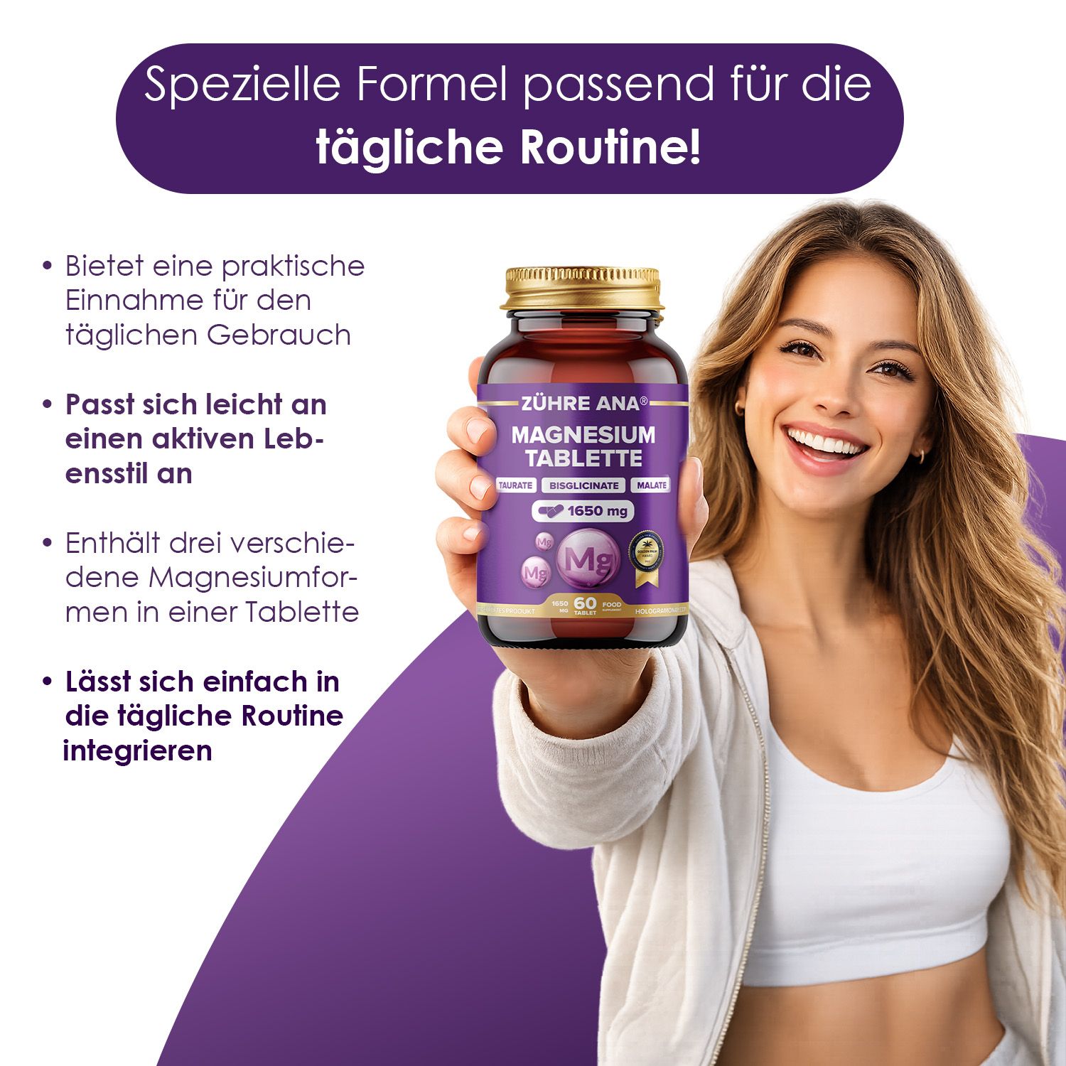 Braune Glasflasche mit Zühre Ana Magnesium Tabletten, 60 Stück, 1650 mg.