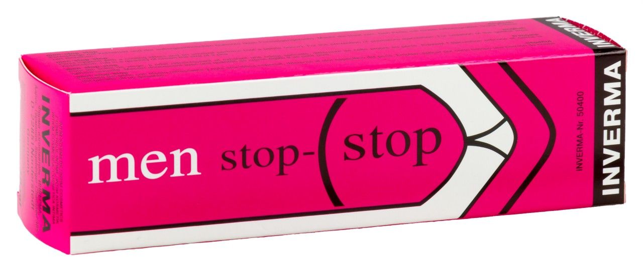 Rosa Verpackung mit "men stop-stop" Schriftzug. Marke INVERMA. Weißes Designelement.