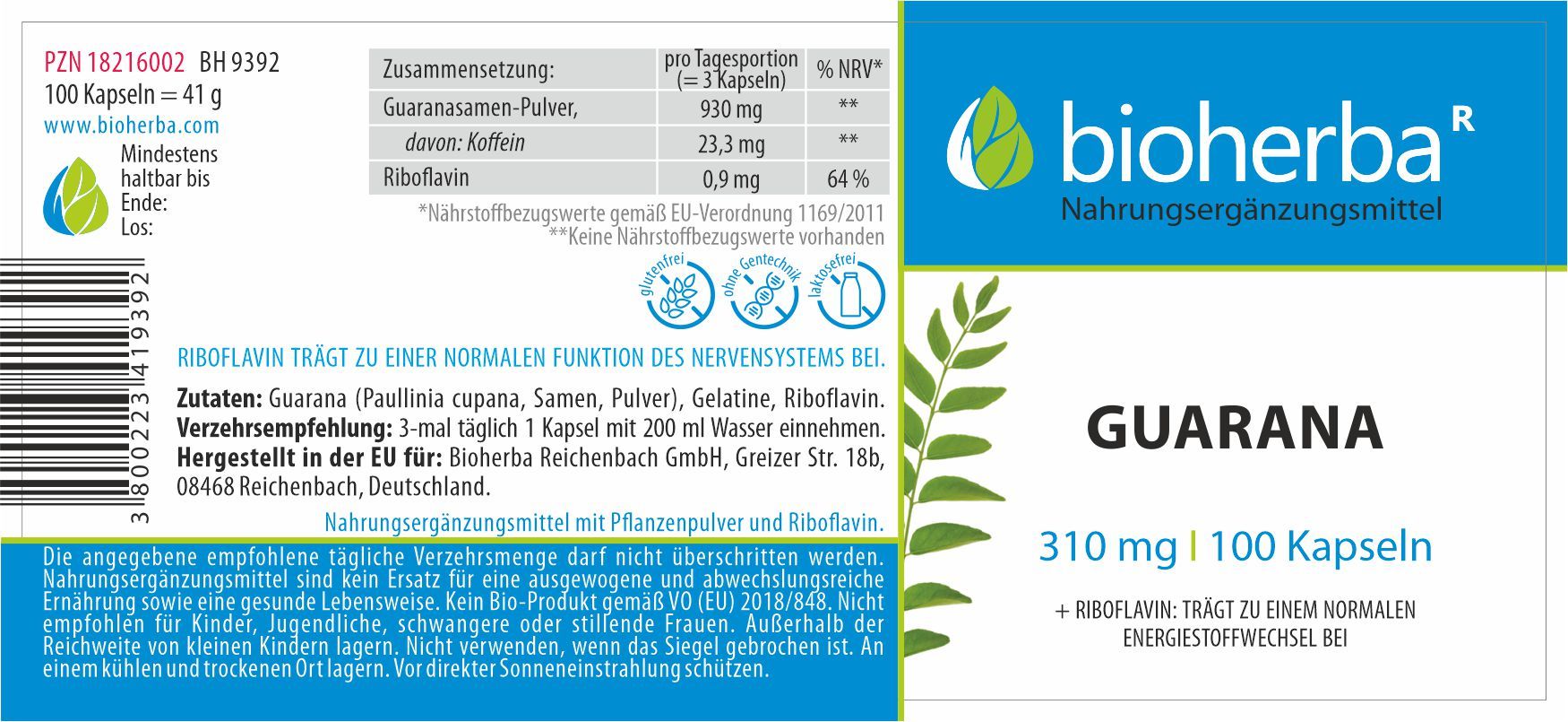 Guarana 310 mg 100 Kapseln PZN 18216002