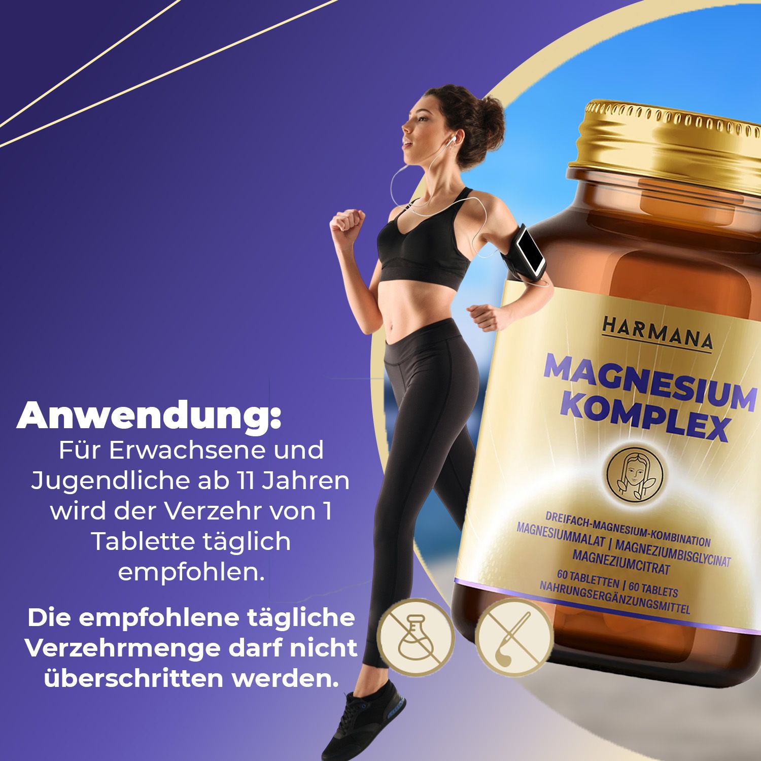 Harmana Magnesium Komplex Flasche mit 60 Tabletten, mit Läufer im Hintergrund.
