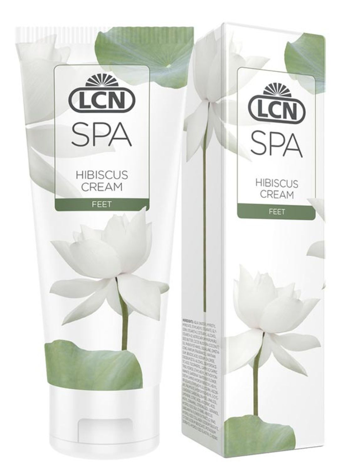 Creme-Tube und Schachtel. Aufschrift: LCN SPA Hibiscus Cream Feet. Weiße Blüten auf hellem Hintergrund.