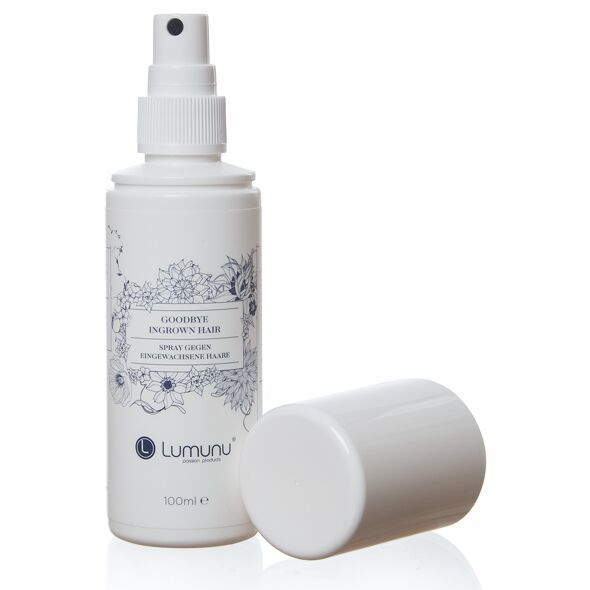 Weiße Sprühflasche mit Deckel daneben. Aufschrift "Goodbye Ingrown Hair". Marke Lumunu. 100ml.