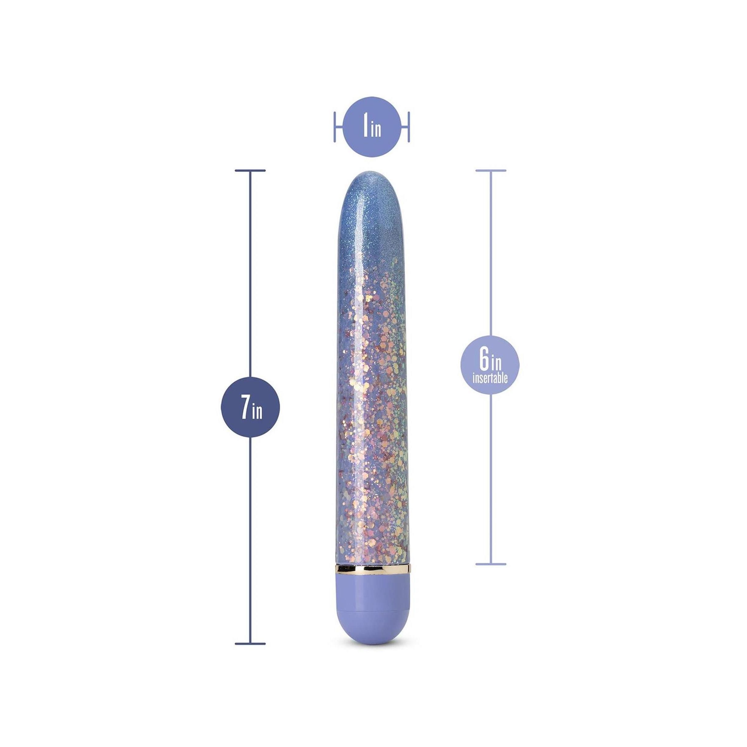 Blaues, glitzerndes Wellness-Produkt mit Maßangaben: 7 Zoll lang, 1 Zoll Durchmesser, 6 Zoll einführbar.
