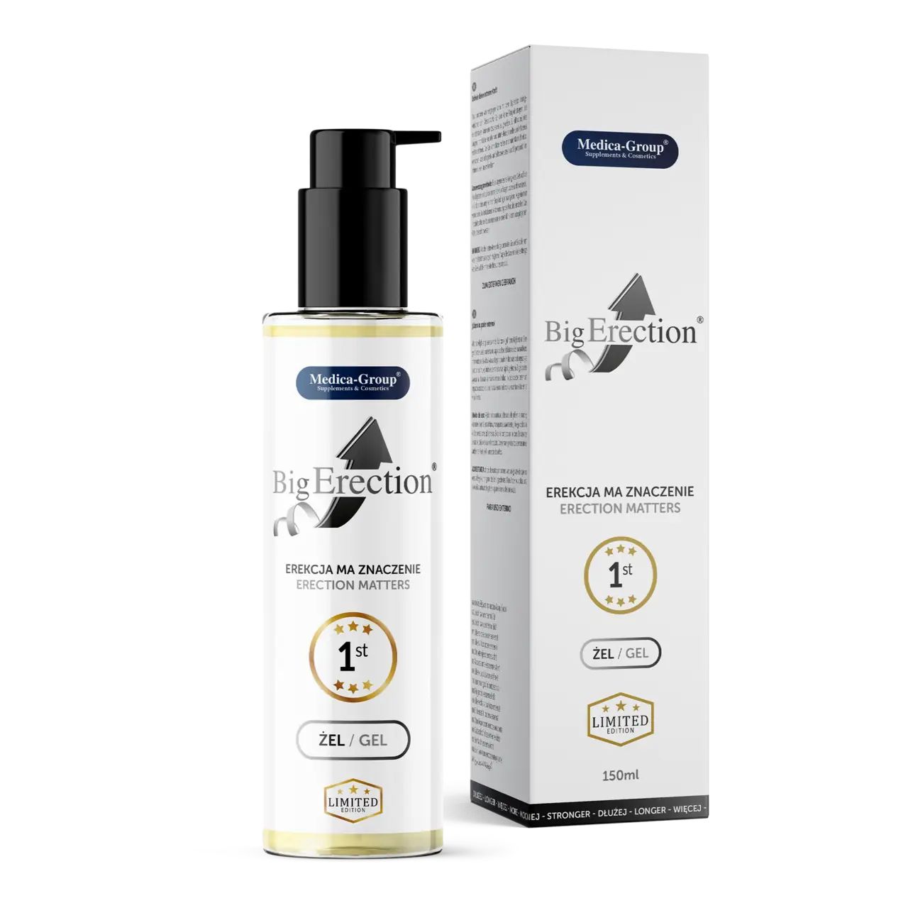 Gel-Flasche mit schwarzem Pumpkopf und Verpackung. Aufschrift "Big Erection", "Zel/Gel" und "Limited".