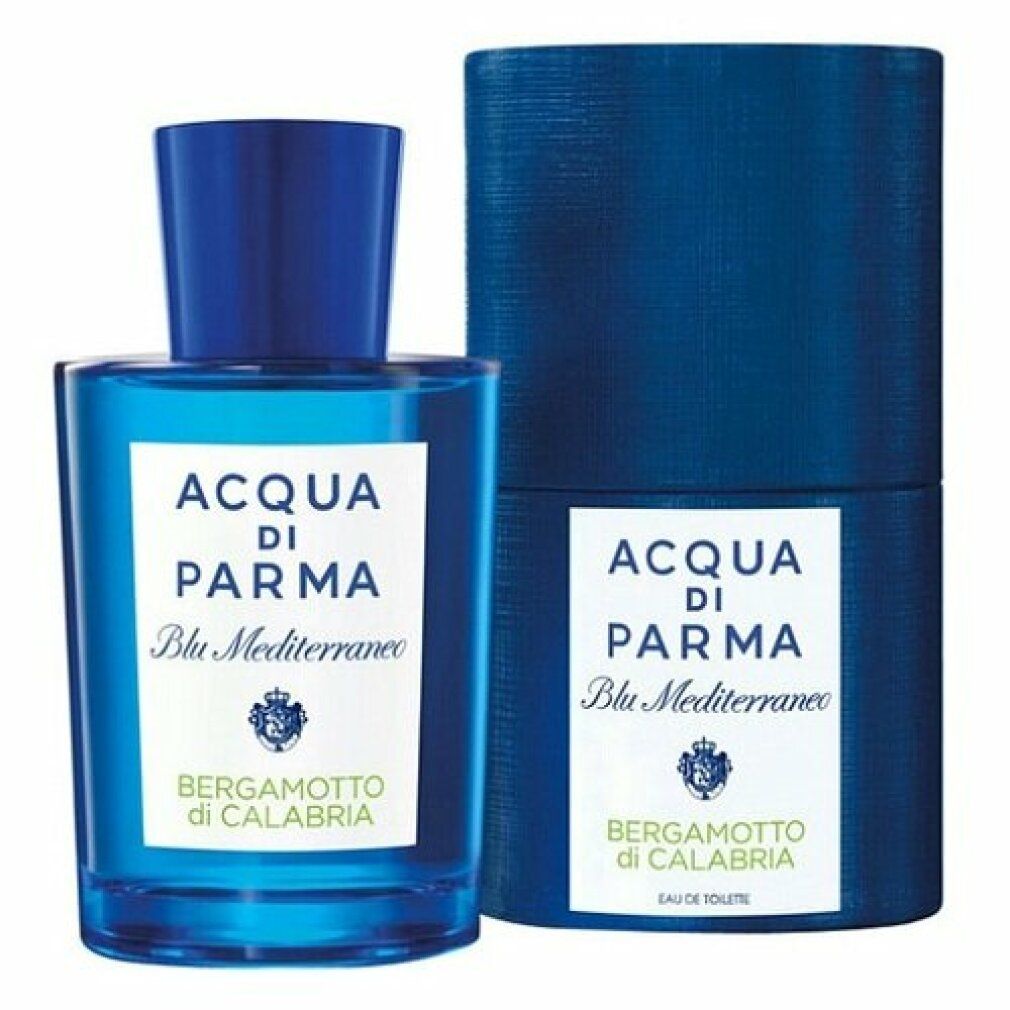 Blaues Parfümflakon und zylindrische Verpackung. Aufschrift: Acqua di Parma Blu Mediterraneo Bergamotto di Calabria.