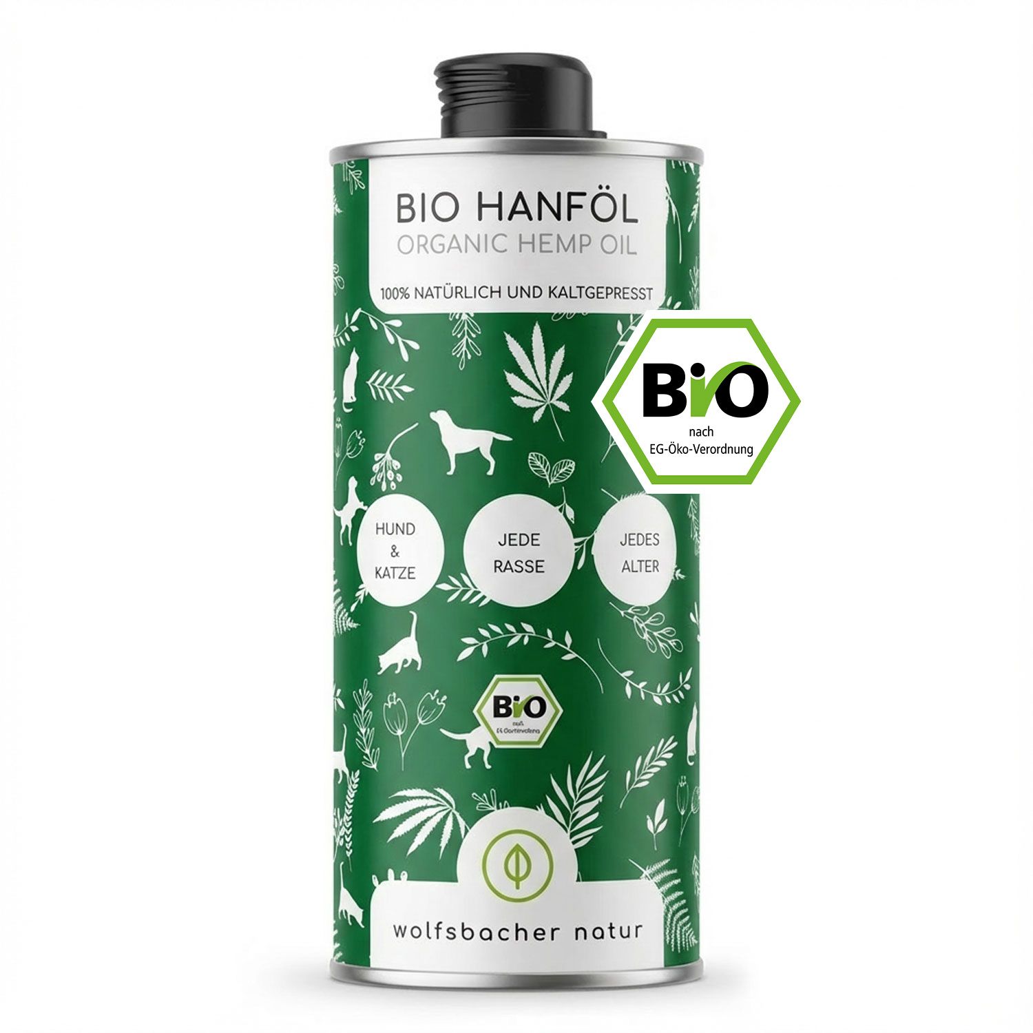 Grüne Dose mit schwarzem Deckel. Aufschrift: BIO Hanföl, Organic Hemp Oil. Bio-Siegel. Illustrationen von Blättern, Hunden und Katzen.