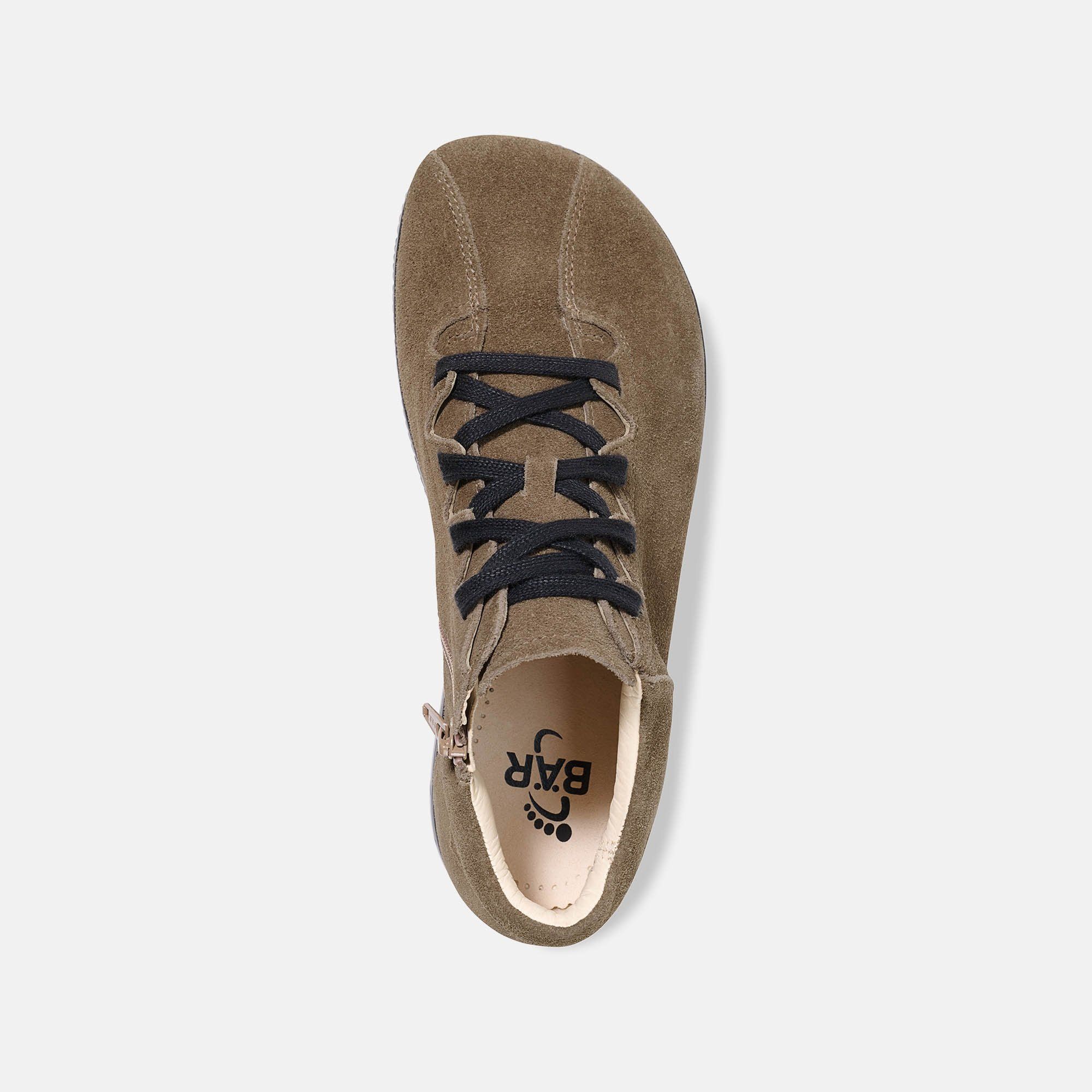 Draufsicht auf eine braune BÄR Stiefelette mit Schnürsenkeln und Reißverschluss.