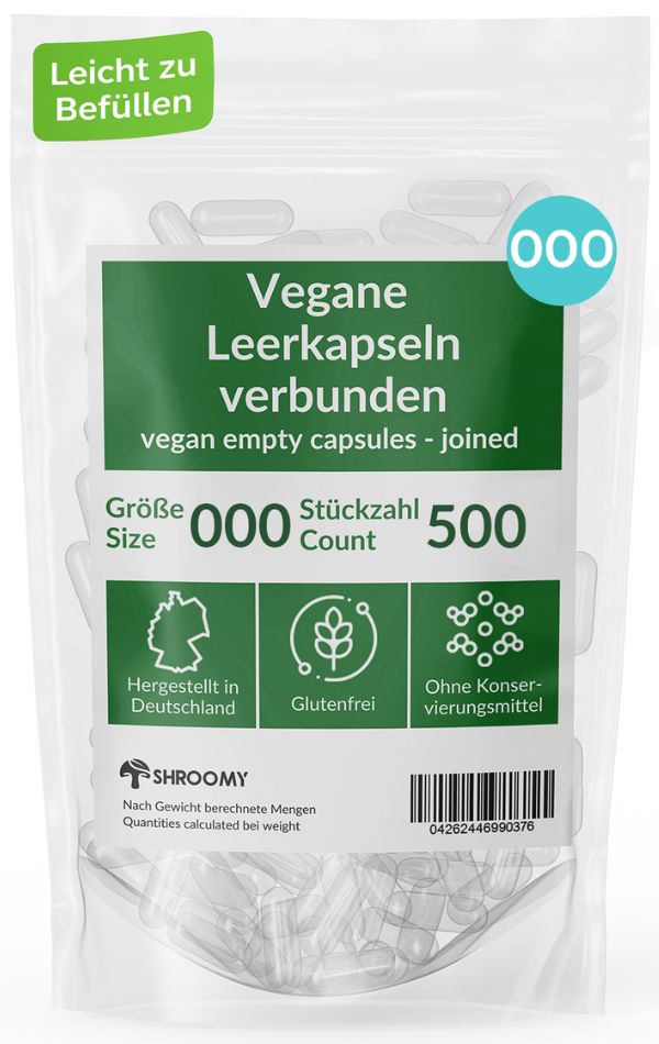 Beutel mit veganen Leerkapseln Größe 000. 500 Stück. Glutenfrei, ohne Konservierungsstoffe. Hergestellt in Deutschland. SHROOMY.