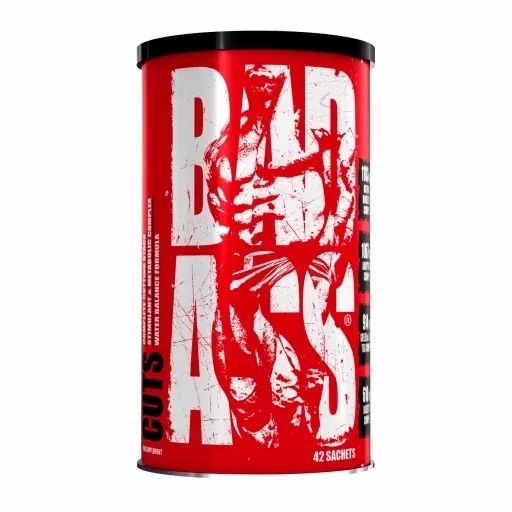 Rote Dose mit weißem Aufdruck. Text: BAD ASS CUTS, 42 Sachets. Abbildung eines muskulösen Mannes.