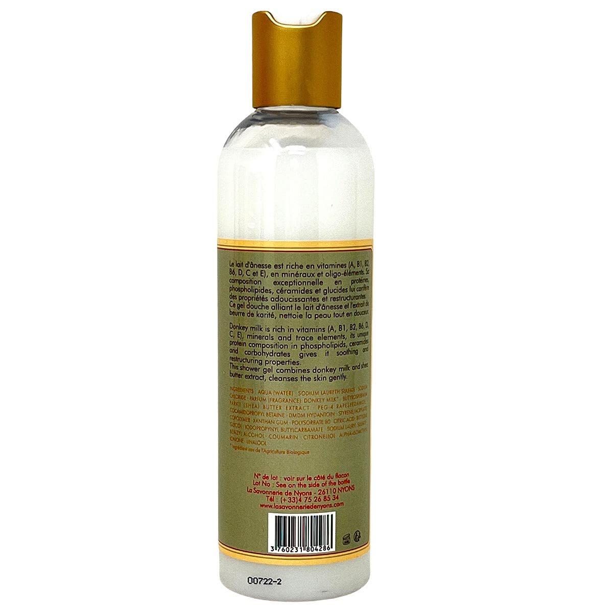 Rückseite einer Duschgelflasche. Textinformationen in Französisch und Englisch. Barcode unten.
