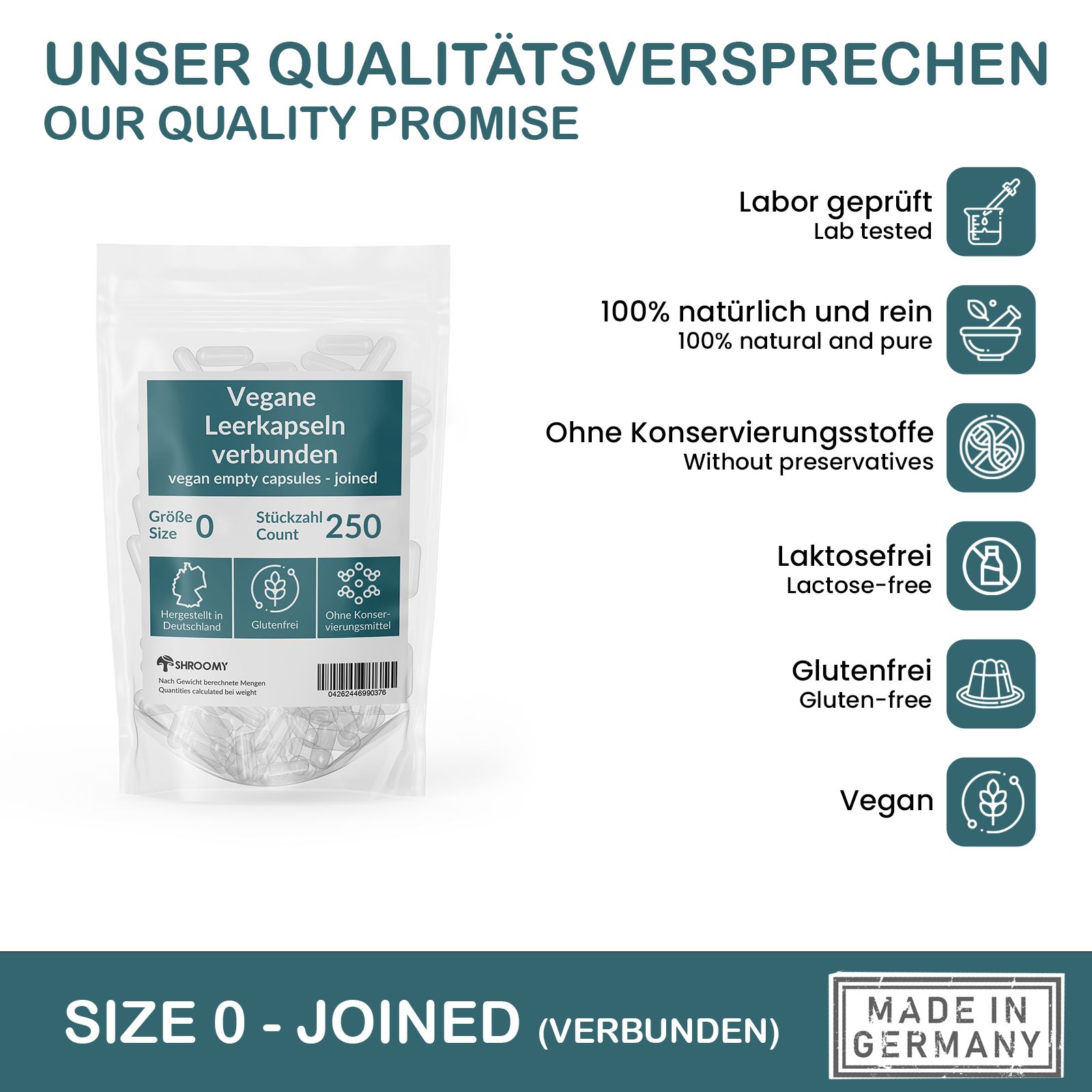 Beutel mit veganen Leerkapseln Größe 0, 250 Stück. Text: "Unser Qualitätsversprechen". Informationen zu Labor, Inhaltsstoffen, und Zertifizierungen.