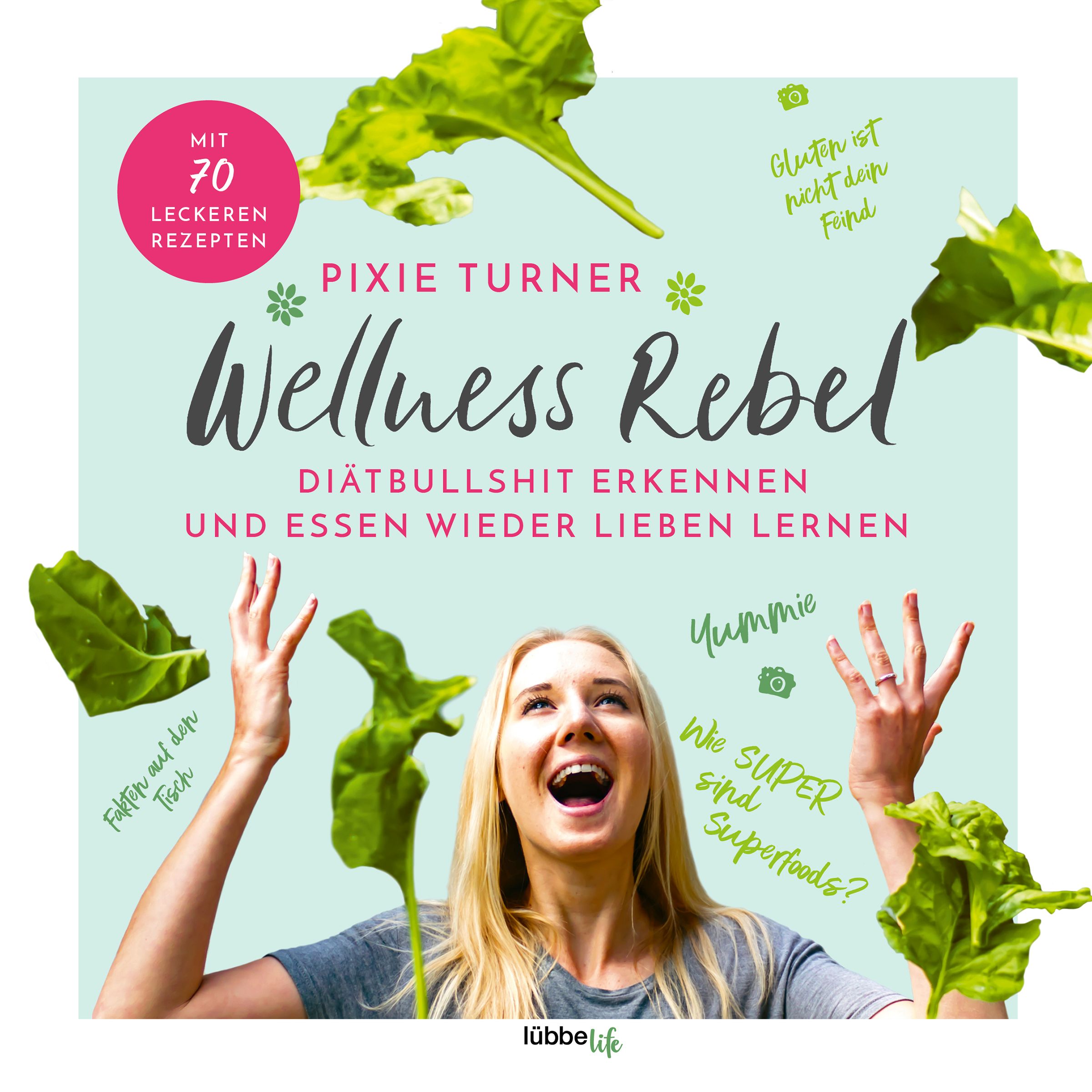 Buchcover mit Titel "Wellness Rebel". Autorin Pixie Turner. Untertitel: Diätbullshit erkennen und Essen wieder lieben lernen. Frau lächelt.