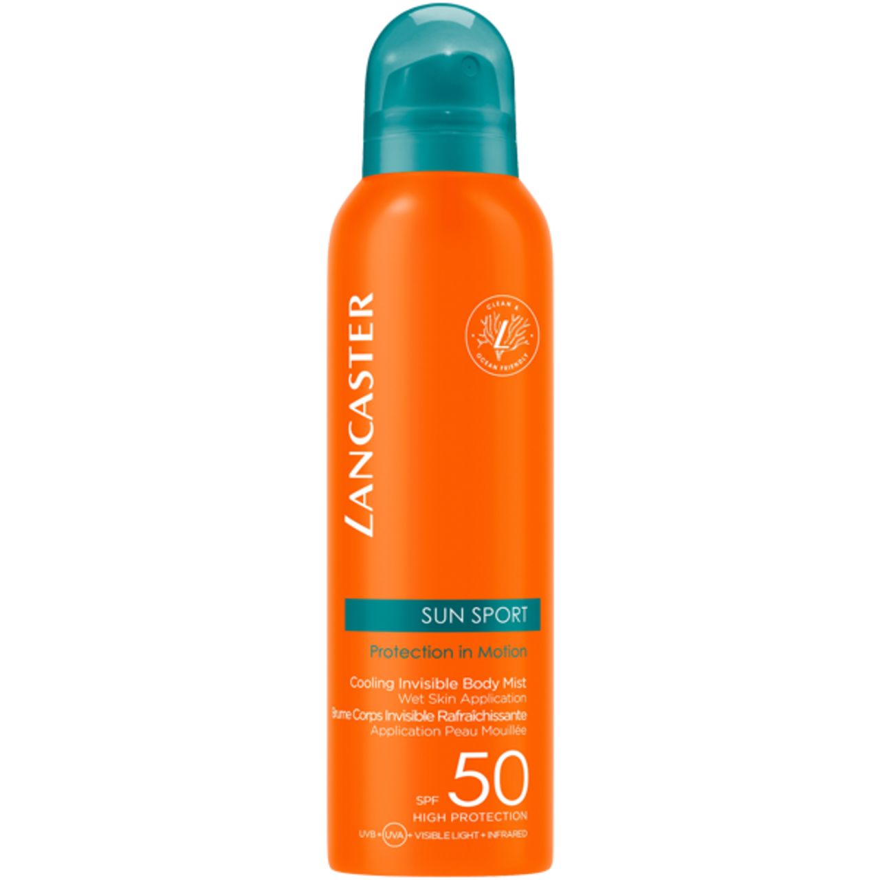 Orangefarbene Sprühflasche mit blauem Deckel. Text: LANCASTER, SUN SPORT, SPF 50. Kühlendes, unsichtbares Körperspray.