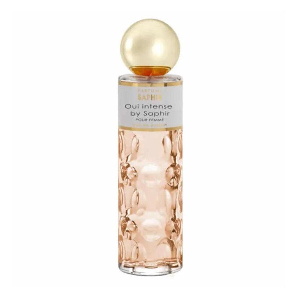 Zylindrische Flasche mit goldfarbenem Verschluss. Aufschrift: Oui Intense by Saphir. Für Femme.