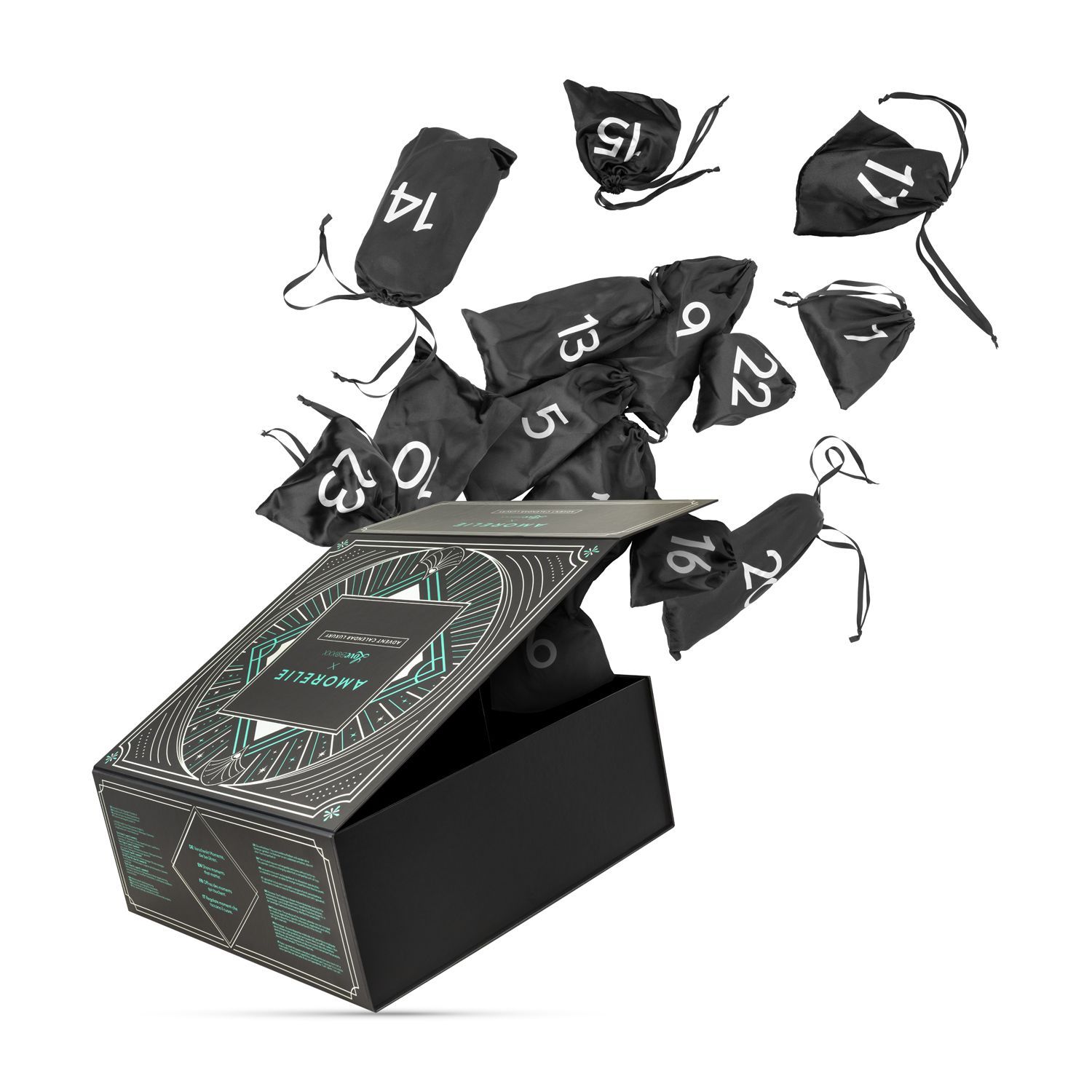 Adventskalender-Box geöffnet, mit schwarzen Beuteln, nummeriert von 9 bis 23, die herausfallen. AMORELIE-Logo sichtbar.